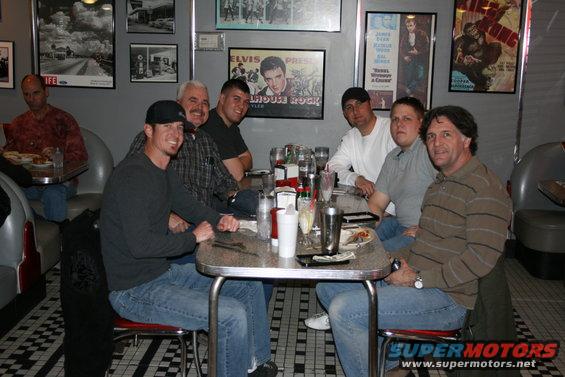 Chowin down at the 5 & Diner across from the Pavilions; clockwise from bottom left:  Dusty, me, AJ, Peter, Brandon and John