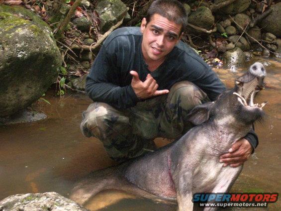 Man in camouflage pants holding a wild boar in shallow water, with rocks and foliage in the background