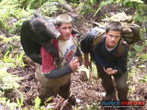Two men hiking through a forest, one carrying a large dead wild boar on his shoulders