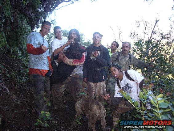Group of guys holding a dead animal with a dog nearby in a wooded area