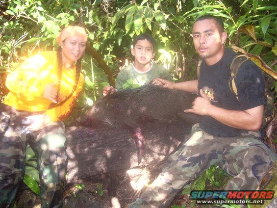 Dead wild boar on forest floor with three people posing around it