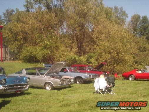 Several classic cars parked on grass, with trees in the background