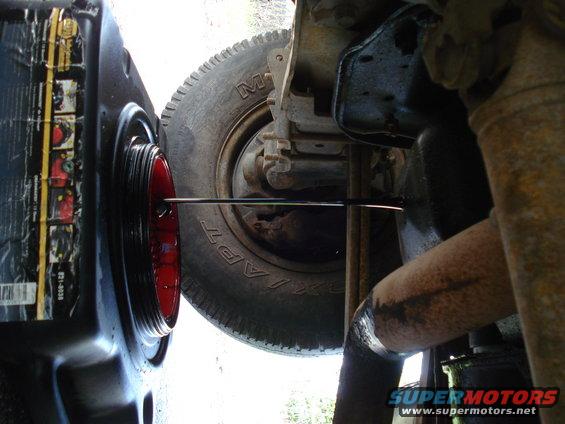Pouring oil into a vehicle's oil pan with a tire and exhaust visible