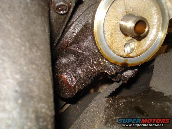 Engine oil filter housing with oil leaks and a threaded fitting