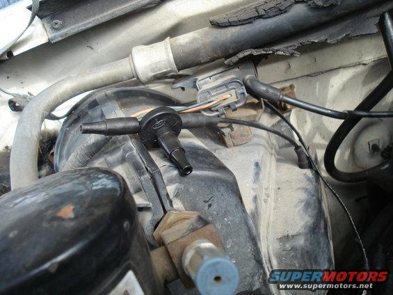 Close-up of vacuum lines and electrical connectors in a vehicle's engine bay