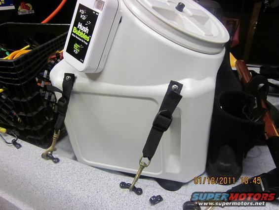 White cooler with 'Hush Bubbles' device, straps, and a black basket