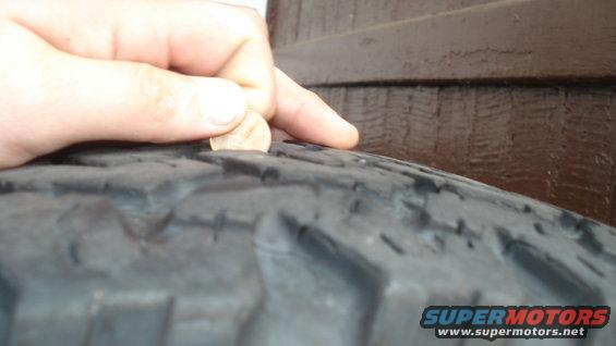 hand holding coin on tire tread
