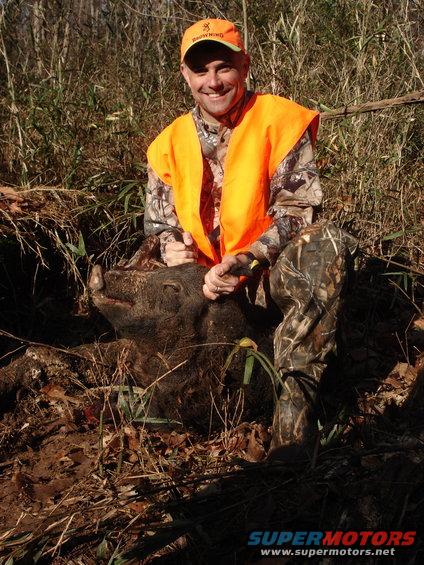 Hunter in camouflage and orange vest poses with a wild boar on the ground