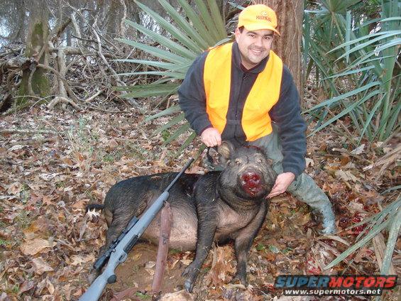 Hunter with a wild hog and rifle in woods. Supermotors.net logo visible
