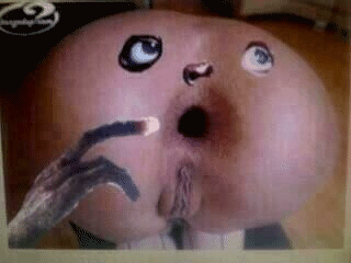 Close-up of a pink cartoon character with wide eyes and an open mouth, looking upwards