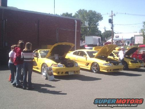 Several yellow Ford Mustangs with hoods open at a car show