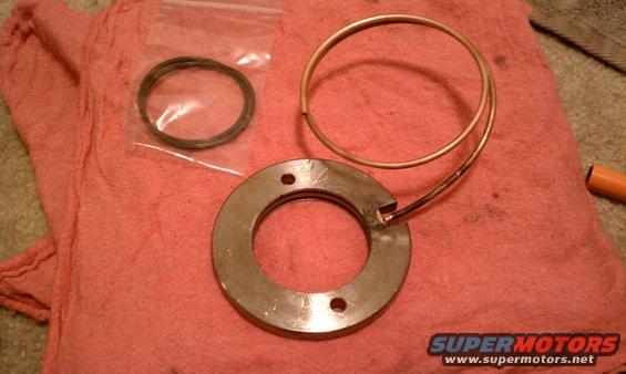 Metal gasket with two holes, a copper ring, and a plastic bag with two rings on a red cloth