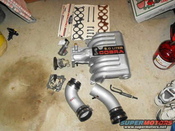 Silver 5.0 Liter Cobra intake manifold with C&L intake tubes and gaskets