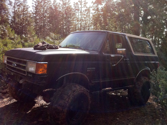 Black Ford Bronco with lifted suspension and large tires parked in a wooded area