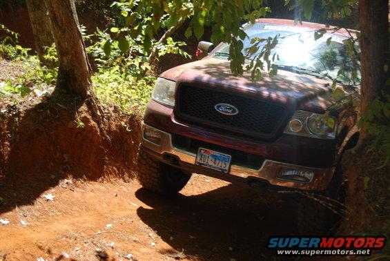 Maroon Ford F-150 driving off-road between trees, front grille and headlights visible