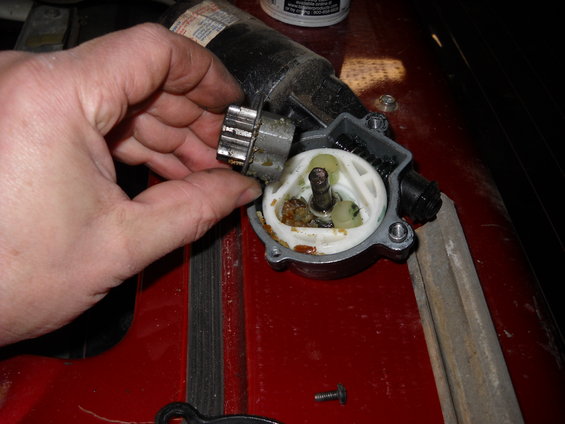 Hand holding gear from disassembled window motor assembly