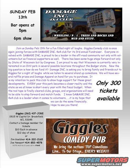 Flyer for Damage Inc. 4x4 Club event on Sunday Feb 13th, with bar opening at 5pm and show at 6pm. Includes contact info and ticket details