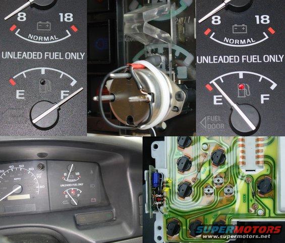 nontachlowfuel.jpg Low Fuel Light installation in a '92-96 Base Cluster (Non-Tachometer)
IF THE IMAGE IS TOO SMALL, click it.

The LED's positive wire is stripped & soldered to the gauge's 12V pin.  But it's not CUT there, and it wraps around to feed the module, too.  The LED's negative wire goes to the appropriate terminal on the module.