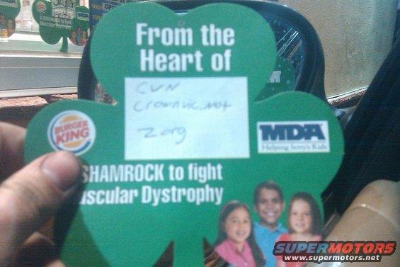 Burger King shamrock card with MDA logo and handwritten notes