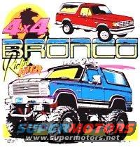 Illustration of a red and a blue Ford Bronco with '4x4 Bronco Ridin High' text
