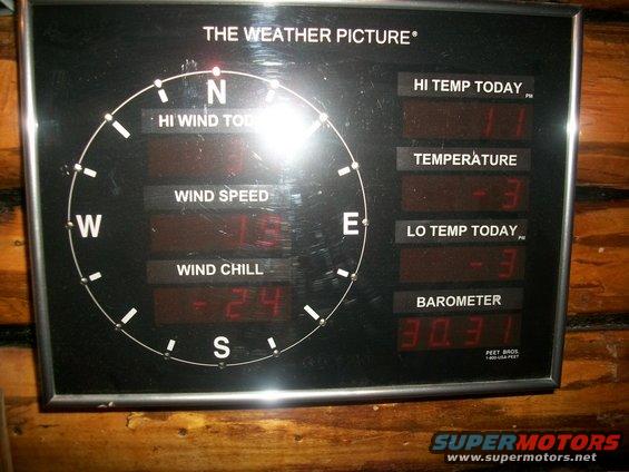 Digital weather station display showing wind speed, wind chill, temperature, and barometer readings