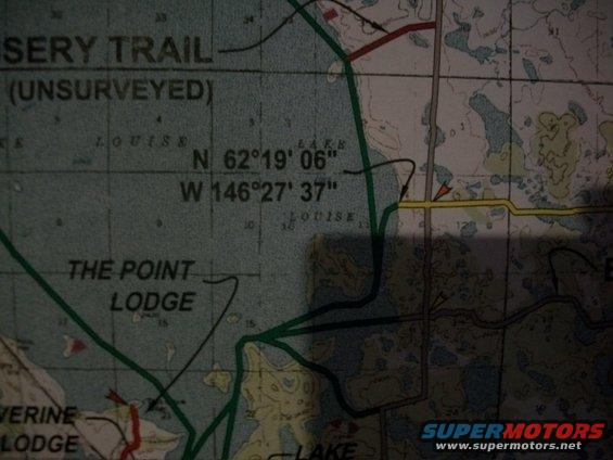 Map showing trail and lodge locations with coordinates