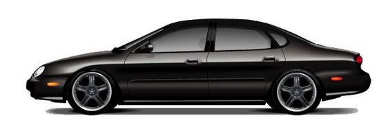 Black 1999 Ford Taurus sedan, side view, with custom wheels and tinted windows