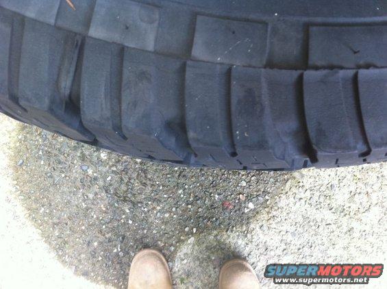 Close-up of a tire tread with two feet visible at the bottom