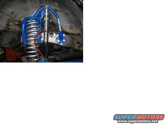 blue Protech shock absorber and coil spring assembly mounted on a vehicle's suspension