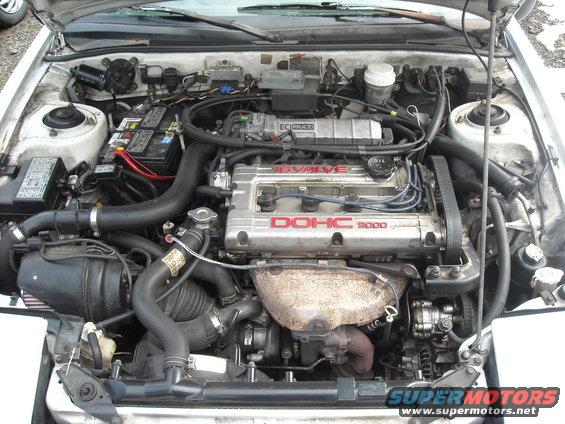 Engine bay of a car with DOHC 2000 16 valve engine. Some hoses and wiring are visible