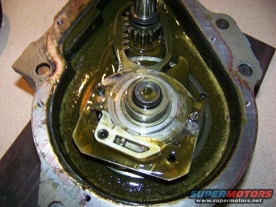 Internal view of a transmission component with gears and oil
