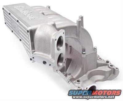 Aluminum intake manifold with 'Edelbrock' branding, viewed from a 3/4 front angle