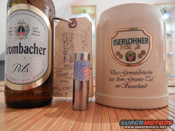 Krombacher Pils bottle, handwritten tags, and an Iserlohner Pils beer stein