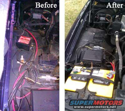 Before and after of a vehicle's engine bay wiring and battery installation