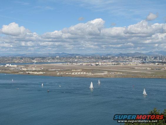 Sailboats on San Diego Bay with city skyline and mountains in background