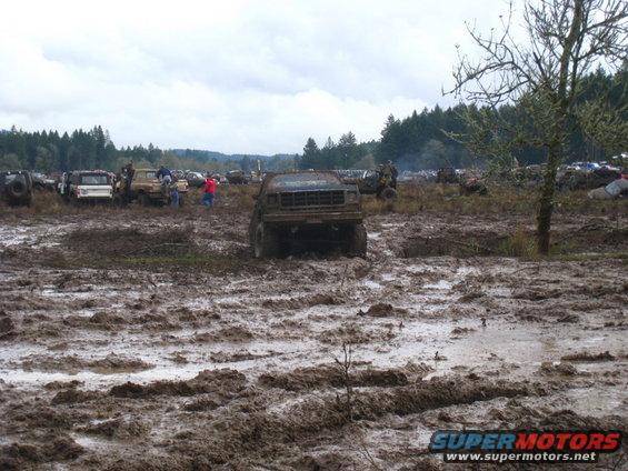 Muddy field with several off-road vehicles stuck in the mud. One truck is in the foreground