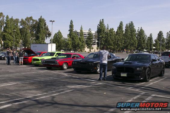 Several Dodge Challengers and Chargers parked in a lot, with people standing around them