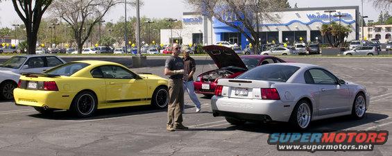 Two Ford Mustang Cobras parked in a lot, one yellow, one silver. Two men stand between them