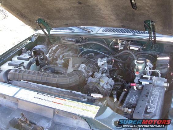 Engine bay with hoses, wires, battery, and engine components visible
