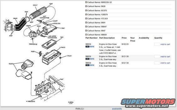 Diagram of engine air intake components with part numbers and prices