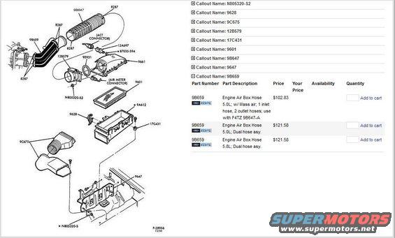 Diagram showing air intake components and a parts list with prices