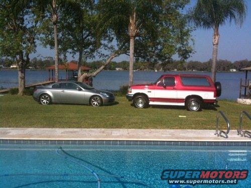 Silver coupe and red/white SUV parked on grass by a lake, with a pool in the foreground