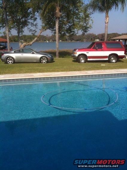 Silver coupe and red/white SUV parked on grass next to a pool