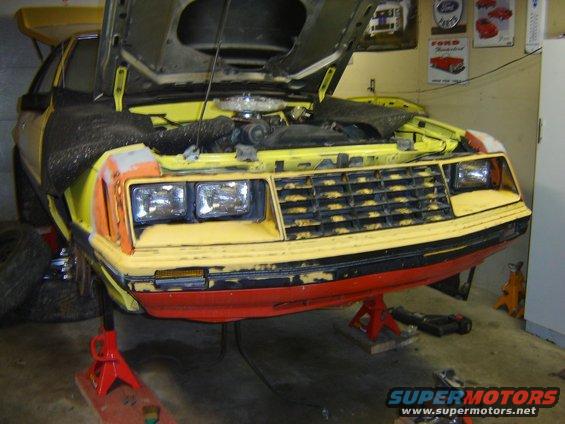 1979 Ford Mustang front end with hood open, on jack stands