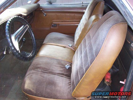 1972 Ford Ranchero interior with brown diamond-stitched seats, steering wheel, and dashboard