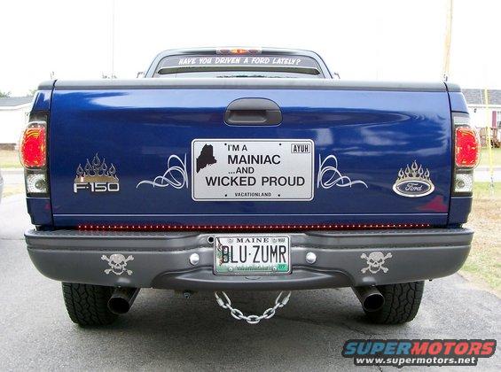 Blue 1998 Ford F-150 rear with custom Maine license plate and skull decals