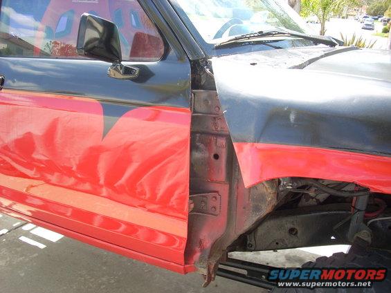 1992 Ford Ranger driver's side door and fender, red and black paint
