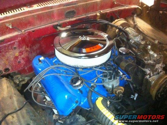 Engine bay with blue valve covers and chrome air cleaner showing "390" badge