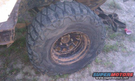 Close-up of a muddy off-road tire and wheel on a vehicle. Part of the vehicle's body is visible on the left