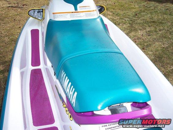 1996 Yamaha RA760 WaveRaider 2-P jet ski, turquoise and purple accents, rear view